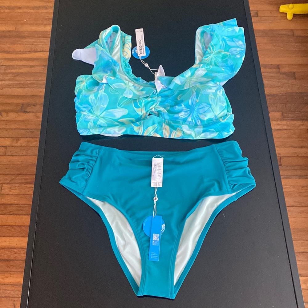 Blue and green tropical high waisted bikini